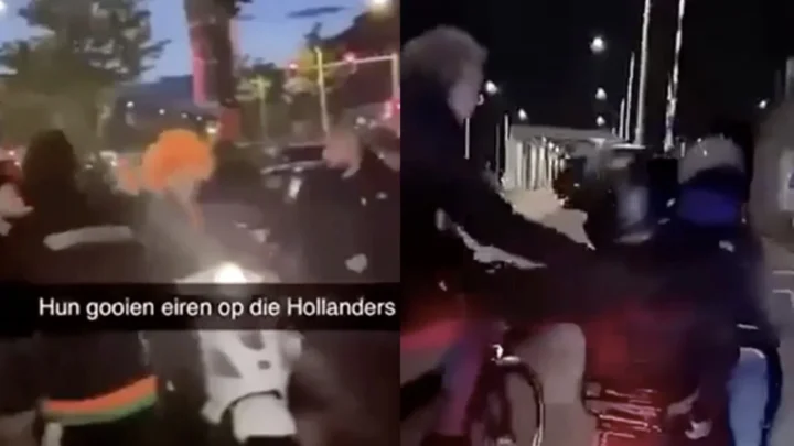 Oranje fans worden met eieren bekogeld en van hun fietsen getrapt na de overwinning…